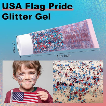 USA Flag Pride Body Glitter,4th of July Hair Glitter Gel,Festival Rave Glitter Face Makeup,Sparkling Chunky Body Glitters,Independence Day Patriotic Accessories,50ml