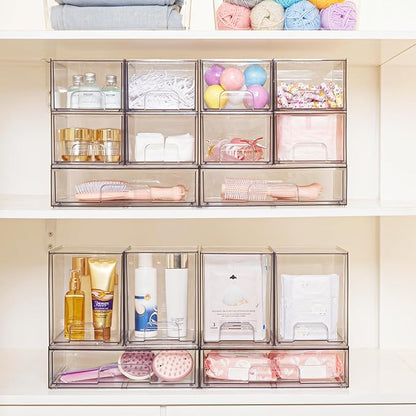 Vtopmart 7.6" H Clear Stackable Storage Drawers, 2 Pack Plastic Organizers Bins for Skincare, Cosmetics,Beauty Supplies,Ideal for Vanity, Bathroom,Kitchen Countertop,Cabinet Organization