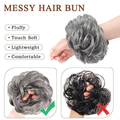 MORICA Messy Bun Hair Piece - Elastic Wavy Curly Hair Bun Scrunchies Extensions Synthetic Chignon Hairpieces for Women Girls（(Gray and White Tips)）