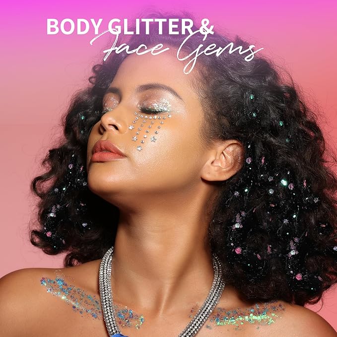 Teenitor Body Glitter Face Glitter Hair Glitter Gel, 6 Colors Body Glitter for Women, Self Adhesive Face Gems Face Rhinestones for Festivals Concerts Rave Glitter