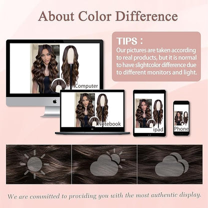 NAYOO Long Dark Brown Mixed Chestnut Wavy Wig for Women 26 Inch Middle Part Lace Hairline Curly Wavy Wig Natural Looking Synthetic Heat Resistant Fiber Wig for Daily Party Use