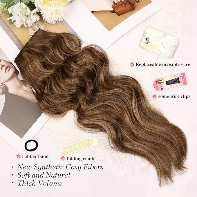 MORICA Invisible Wire Hair Extensions - 20 Inch Honey Blonde Mixed Light Brown Long Wavy Synthetic Hairpiece with Transparent Wire Adjustable Size, 4 Secure Clips for Women