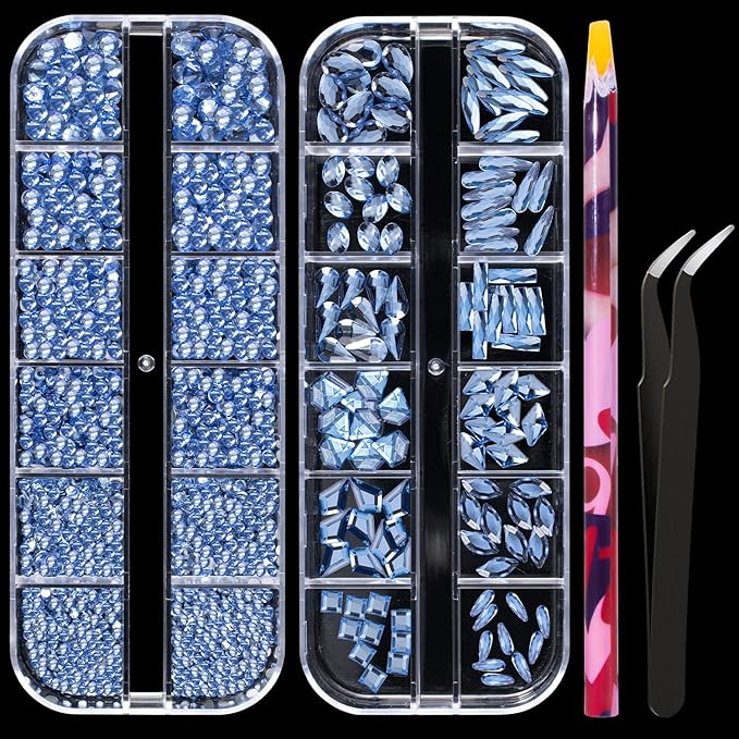 Multi Shapes Light Blue 3D Glass Crystal Nail Art Rhinestones Kit with Flatback Round Bead Charm Gem Stone Jewelry Diamond with Pickup Pen + Tweezer for Manicure Makeup DIY Craft Decoration