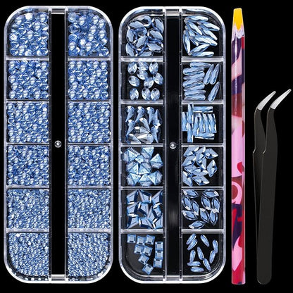 Multi Shapes Light Blue 3D Glass Crystal Nail Art Rhinestones Kit with Flatback Round Bead Charm Gem Stone Jewelry Diamond with Pickup Pen + Tweezer for Manicure Makeup DIY Craft Decoration