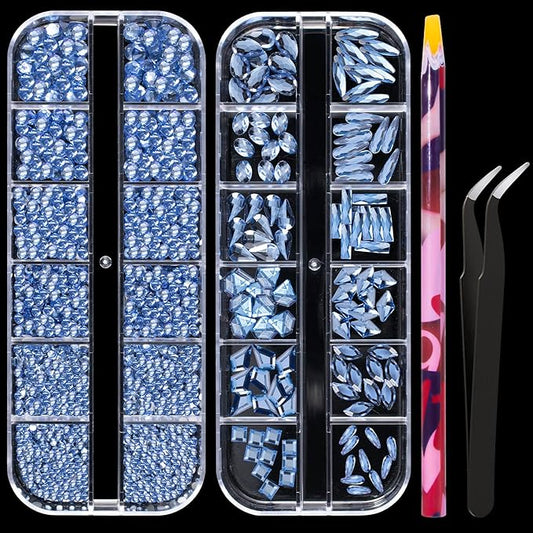 Multi Shapes Light Blue 3D Glass Crystal Nail Art Rhinestones Kit with Flatback Round Bead Charm Gem Stone Jewelry Diamond with Pickup Pen + Tweezer for Manicure Makeup DIY Craft Decoration