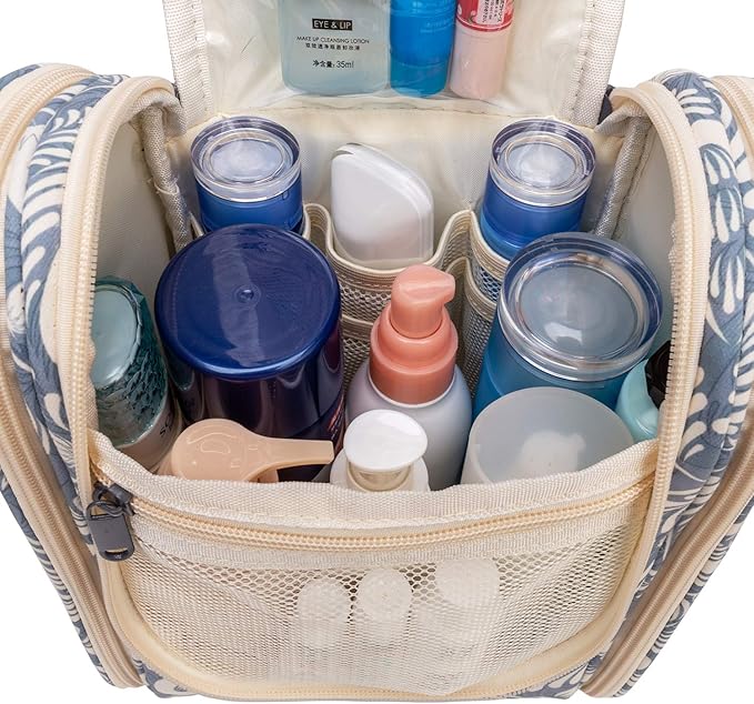 Narwey Small Hanging Toiletry Bag Women Travel Makeup Bag Organizer Toiletries Bag for Travel Size Essentials Accessories Cosmetics (Medium, Blue Leaf)
