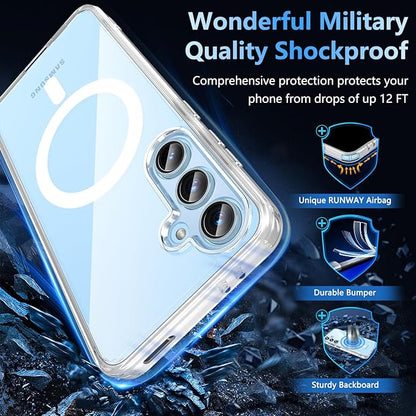 OWKEY for Samsung Galaxy S24 FE Case 6.7'', Magnetic Galaxy S24 FE Case for Magsafe with Tempered Screen Protector [Shockproof Military] Translucent Matte Bumper Phone Cover Samsung S24 FE 5G, Clear