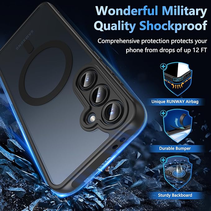 OWKEY for Samsung Galaxy S24 FE Case 6.7'', Magnetic Galaxy S24 FE Case for Magsafe with Tempered Screen Protector [Shockproof Military] Translucent Matte Bumper Phone Cover Samsung S24 FE 5G, Black