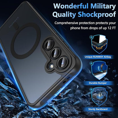 OWKEY for Samsung Galaxy S24 FE Case 6.7'', Magnetic Galaxy S24 FE Case for Magsafe with Tempered Screen Protector [Shockproof Military] Translucent Matte Bumper Phone Cover Samsung S24 FE 5G, Black