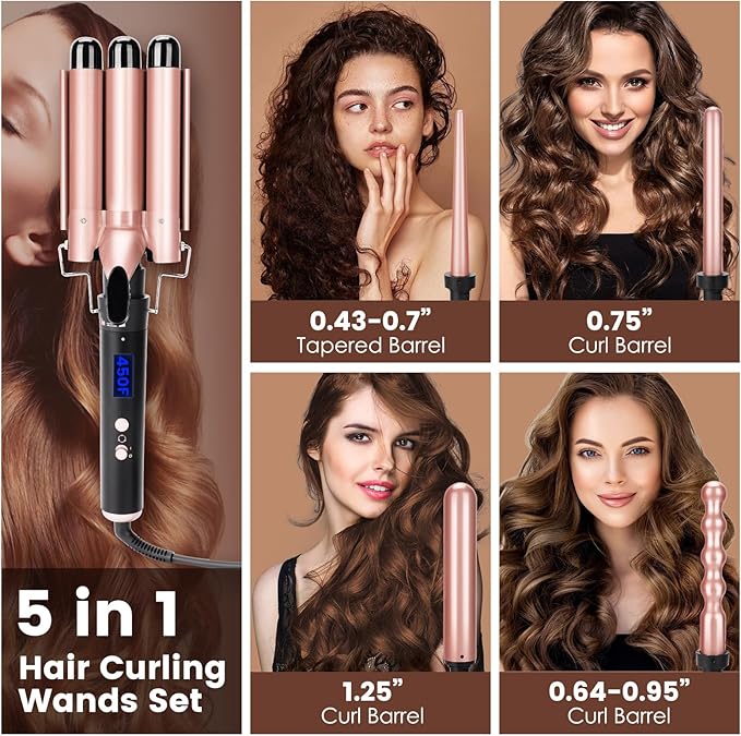 Bo'laiya 5 in 1 Curling Wand Set with Temperature Display, Curling Iron Set with 5 Interchangeable Ceramic Curling Wands, Instant Heat Up, Suitable for All Hair Types (Rose Gold)