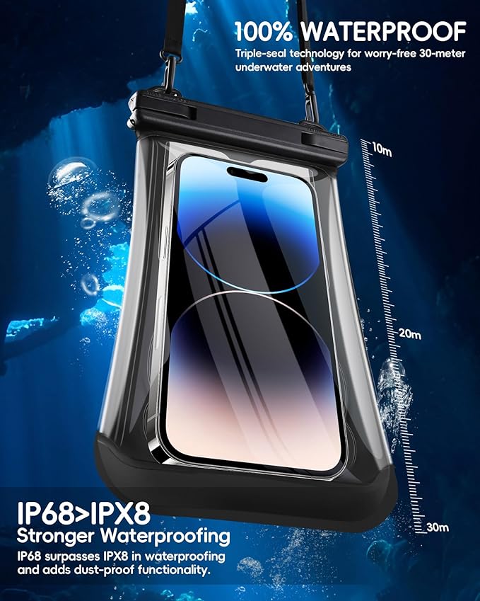 3D Waterproof Phone Pouch, Cruise Essentials 2025 Beach Vacation Essentials Travel Accessories, Dry Bag Case for iPhone 16 15 14 13 12 11 Plus Pro Max Galaxy Pixel - IP68 Floatable Black