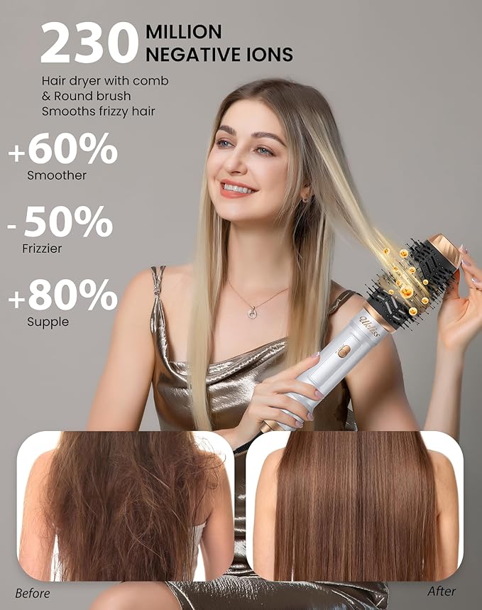 6 in 1 Air Styler & Blow Dryer Brush with Ionic Technology, Magic Styler & Air Curler for Hair, Versatile Hair Dryer Brush for Fast Styling, Safe ALCI Plug, Works on Most Hair Types,White