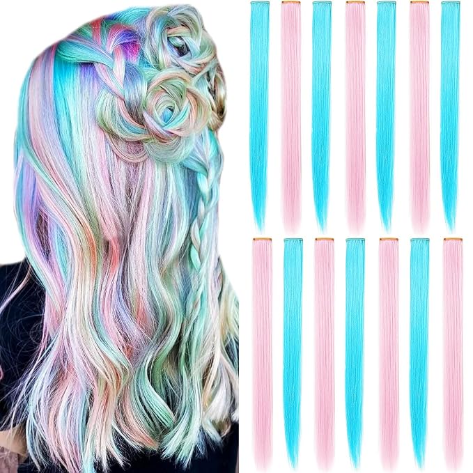 10 Pcs Colored Hair Extensions, Multi-colors Party Highlights Clip in Heat-Resistant Synthetic Hair Extensions 20 inch (Light Pink Sky Blue)