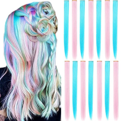 10 Pcs Colored Hair Extensions, Multi-colors Party Highlights Clip in Heat-Resistant Synthetic Hair Extensions 20 inch (Light Pink Sky Blue)