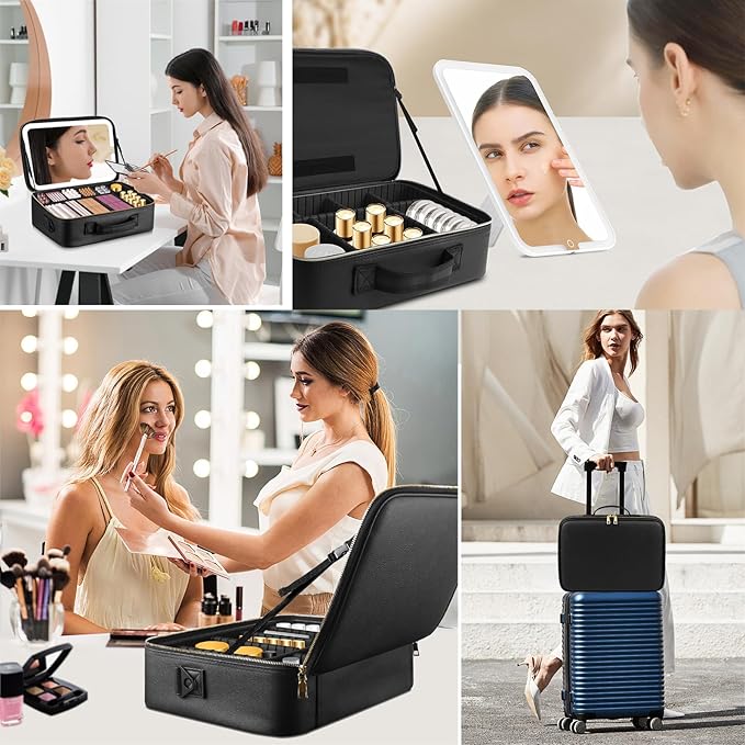 15''X11'' Large Makeup Bag with Removable Lighted Mirror, Professional Travel Makeup Train Case PU Leather Cosmetic Make up Organizer with Adjustable Dividers & Brush Storage Board