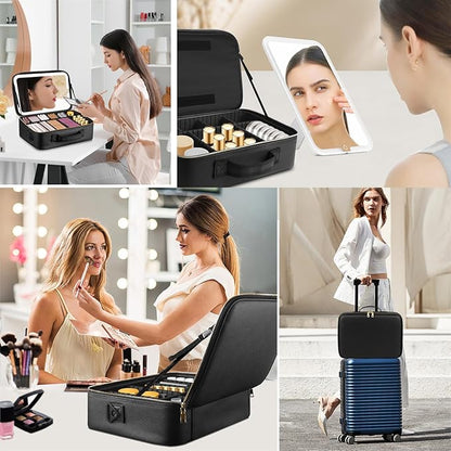 15''X11'' Large Makeup Bag with Removable Lighted Mirror, Professional Travel Makeup Train Case PU Leather Cosmetic Make up Organizer with Adjustable Dividers & Brush Storage Board