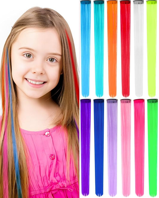 12 PCS Colorful Hair Extensions Clip in, 20 Inch Colored Hair Accessories, Party Highlights Long Straight Synthetic Hairpieces for Women Kids Girls (Rainbow)