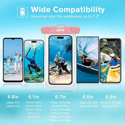 2 Pack JOTO Waterproof Phone Pouch Case Up to 7", IPX8 Underwater Phone Case Cellphone Dry Bag for iPhone 16 15 14 13 12 Pro Max Xs Max XR X 8 7 6S Plus SE/Galaxy S24 S23 S22 S21 -TransparentBlackPink