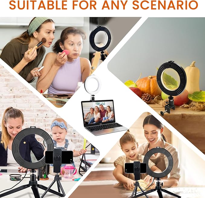 MACTREM 2 in 1 LED 6"" Ring Light with Tripod Stand & Clamp for YouTube Video and Makeup, Mini LED Camera Light with Cell Phone Holder Desktop LED Lamp with 3 Light Modes & 11 Brightness Level, Black