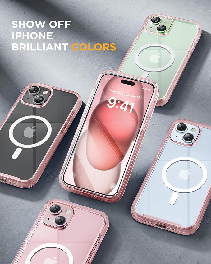Miracase Glass Series for iPhone 15 Case [Compatible with MagSafe] Full-Body Magnetic Case with Built-in 9H Tempered Glass Anti-Fingerprint Screen Protector + Camera Lens Protector, Transparent Pink