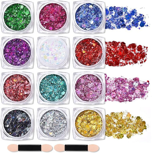 Ownest 12 Colors Holographic Chunky Glitter Gel Set, Christmas Party Makeup Face Body Eye Lips Hair Nail Cosmetic Festival Chunky Glitter Eyeshadow, Mixable, No Need Glue(B)