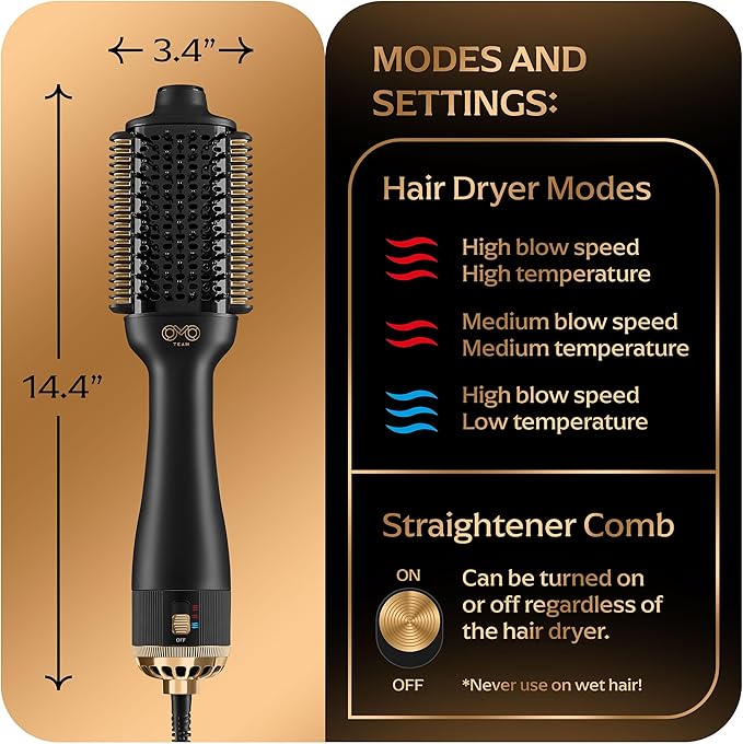Blowout Brush Hair Dryer, Dual Voltage 3-in-1 Blow Drying Brush, Ionic Hair Straightener Comb Tool w/No Heat Damage, Light 1.3lb Blowout Tool, Blow Dryer Curling Wand and Hot Air Styler for All Types