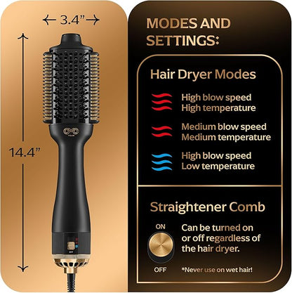 Blowout Brush Hair Dryer, Dual Voltage 3-in-1 Blow Drying Brush, Ionic Hair Straightener Comb Tool w/No Heat Damage, Light 1.3lb Blowout Tool, Blow Dryer Curling Wand and Hot Air Styler for All Types
