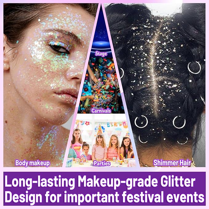 Allstarry Holographic Chunky Body Glitter 4 Colors Cosmetic Face Glitter Makeup Colorful Mermaid Sequins Hair Face Paint Sparkling Festival Outfits Rave Accessories for Women Makeup