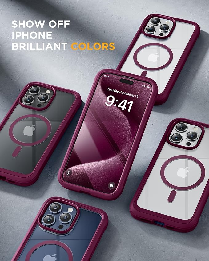 Miracase Magnetic for iPhone 12 Pro Max Case [Compatible with MagSafe] Full-Body Phone case with Built-in Glass Screen Protector& Camera Protector, Military Drop Proof 12 Pro Max Cover, Wine Red