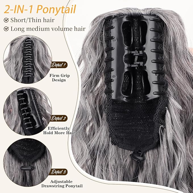 ORSUNCER Ponytail Extension Claw 30" Curly Pony Tail Clip in Claw Hair Extensions Fluffy Natural Looking Synthetic Hairpiece for Women Grey