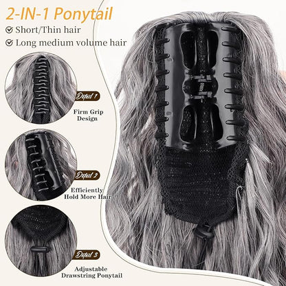 ORSUNCER Ponytail Extension Claw 30" Curly Pony Tail Clip in Claw Hair Extensions Fluffy Natural Looking Synthetic Hairpiece for Women Grey