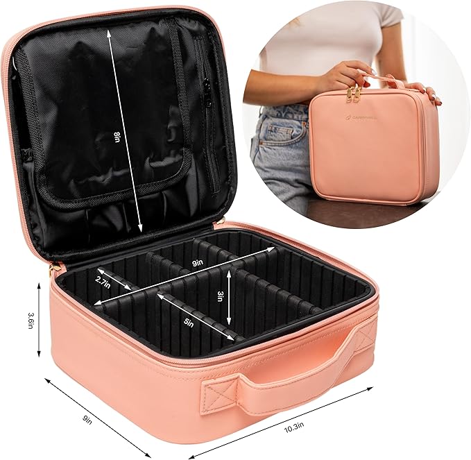 (Not Made In China) 2 Pack, Makeup Train Case, Cosmetic Travel Organizer For Professional Beauty Artist, Portable Storage Bag W/Adjustable Dividers For Jewelry and Brushes (Pink, Small)