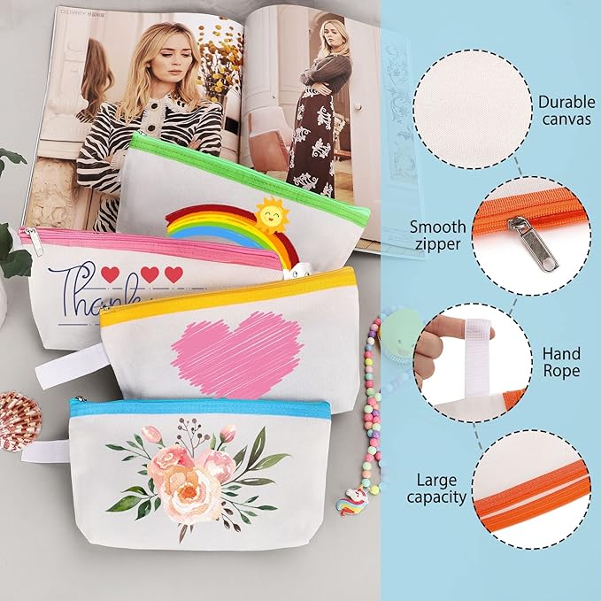 10 Pieces Cotton Canvas Makeup Bag with Bottom and Strap, Multi-Purpose Cosmetic Bag with Zipper Travel Toiletry Pouch, Blank DIY Craft Bag (Multicolor 01, L)
