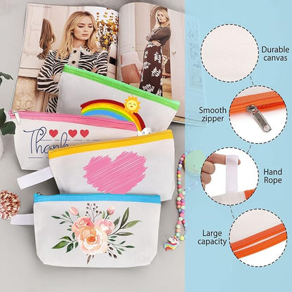 10 Pieces Cotton Canvas Makeup Bag with Bottom and Strap, Multi-Purpose Cosmetic Bag with Zipper Travel Toiletry Pouch, Blank DIY Craft Bag (Multicolor 01, L)