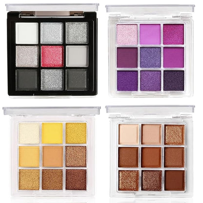 4 Pack/Set Eyeshadow Palette Set - Black Gray Rose Gold Brown Bronze Yellow Red Purple Shades, Blendable Matte & Glitter Shimmer Finishes, 24H Long Wear Eye Makeup for Christmas Party & Music Festival