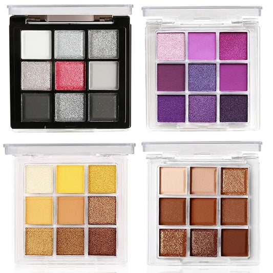 4 Pack/Set Eyeshadow Palette Set - Black Gray Rose Gold Brown Bronze Yellow Red Purple Shades, Blendable Matte & Glitter Shimmer Finishes, 24H Long Wear Eye Makeup for Christmas Party & Music Festival