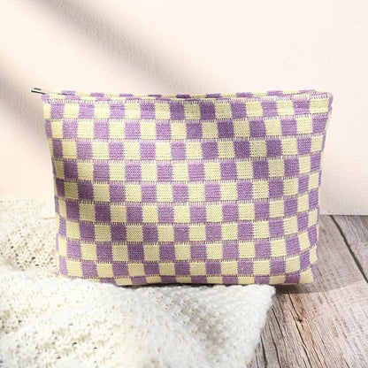 2 Pcs Checkered Makeup Bag Large Cosmetic Bag Toiletry Bag Makeup Pouch Travel Bag Organizer Cute Makeup Brushes Aesthetic Accessories Storage Bag for Women Purple