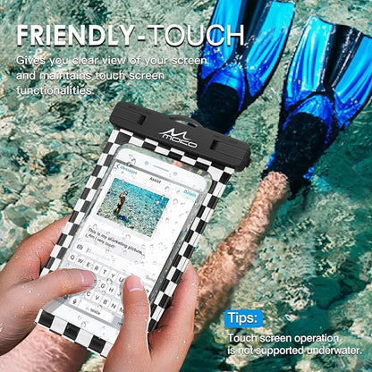 MoKo Waterproof Phone Pouch Holder, Cellphone Case Dry Bag with Lanyard Armband Compatible with iPhone 16 15 14 13 12 11 Pro Max, Samsung S24/S23/S21/S20/S10, Checkerboard