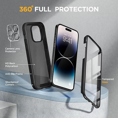 Miracase Glass Series for iPhone 14 Pro Case 6.1 Inch, 2023 Full-Body Clear Bumper Case with Built-in 9H Tempered Glass Screen Protector, with Camera Lens Protectors, Matte Black