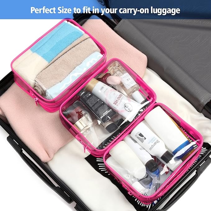 PACKISM Clear Makeup Bags - 3 Pack TSA Approved Clear Travel Bags for Toiletries, Carry on Toiletry Bag TSA Approved Toiletry Bag, Matte Rose Red