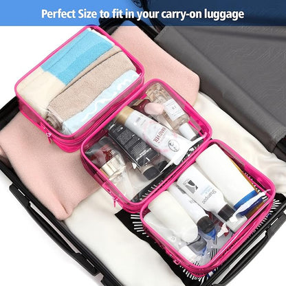 PACKISM Clear Makeup Bags - 3 Pack TSA Approved Clear Travel Bags for Toiletries, Carry on Toiletry Bag TSA Approved Toiletry Bag, Matte Rose Red