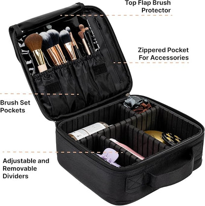 (Not Made In China) 2 Pack, Makeup Train Case, Cosmetic Bag, Portable Beauty Organizer and Storage Box With Adjustable Dividers For Make Up and Brushes (Black, Small)