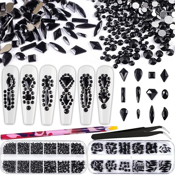 Multi Shapes Black 3D Glass Crystal Nail Art Rhinestones Kit with Flatback Round Bead Charm Gem Stone Jewelry Diamond with Pickup Pen + Tweezer for Manicure Makeup DIY Craft Decoration