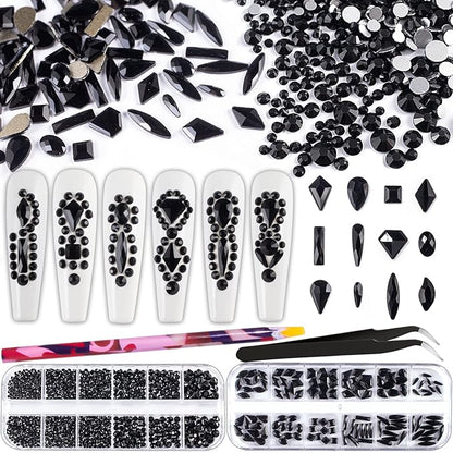 Multi Shapes Black 3D Glass Crystal Nail Art Rhinestones Kit with Flatback Round Bead Charm Gem Stone Jewelry Diamond with Pickup Pen + Tweezer for Manicure Makeup DIY Craft Decoration