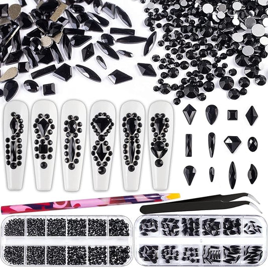 Multi Shapes Black 3D Glass Crystal Nail Art Rhinestones Kit with Flatback Round Bead Charm Gem Stone Jewelry Diamond with Pickup Pen + Tweezer for Manicure Makeup DIY Craft Decoration