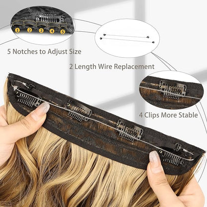 MORICA Invisible Wire Hair Extensions - 20 Inch Brown Mixed Blonde Long Wavy Synthetic Hairpiece with Transparent Wire Adjustable Size, 4 Secure Clips for Women