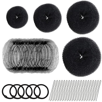 FANDAMEI Hair Donut Bun Maker Set - 4 Bun Shapers, 20 Invisible Nets, 5 Elastics, 20 Bobby Pins (Black)