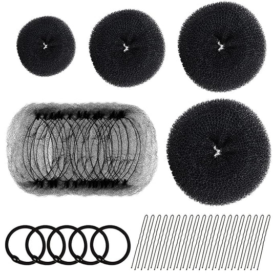 FANDAMEI Hair Donut Bun Maker Set - 4 Bun Shapers, 20 Invisible Nets, 5 Elastics, 20 Bobby Pins (Black)