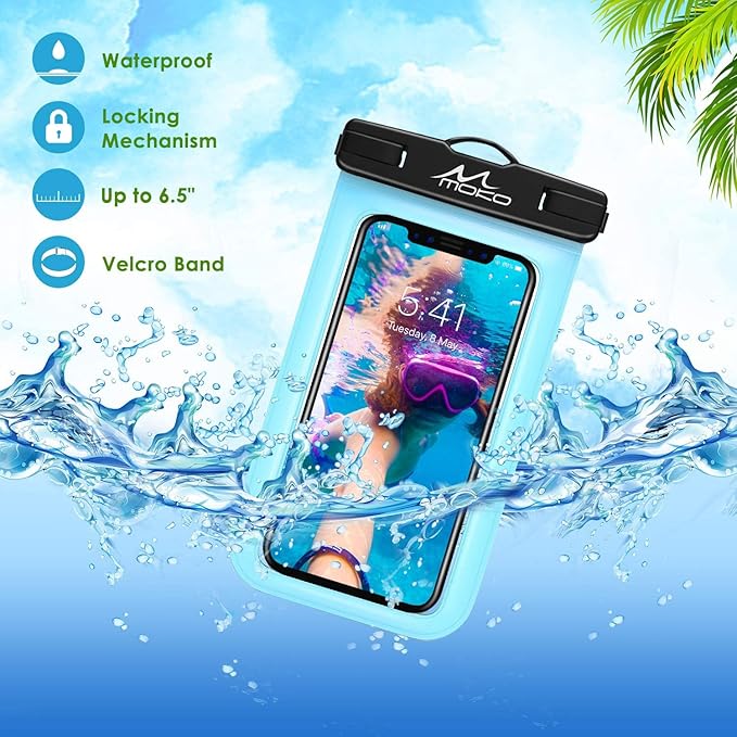 MoKo Waterproof Phone Pouch, CellPhone Case Bag with Lanyard Armband Compatible with iPhone 16 15 14 13 12 11 Pro Max X/Xr/Xs Max/SE 3, 8/7/6 Plus, Samsung S23/S24/S10/S9/S8 Plus, A10E,Note 10,SkyBlue