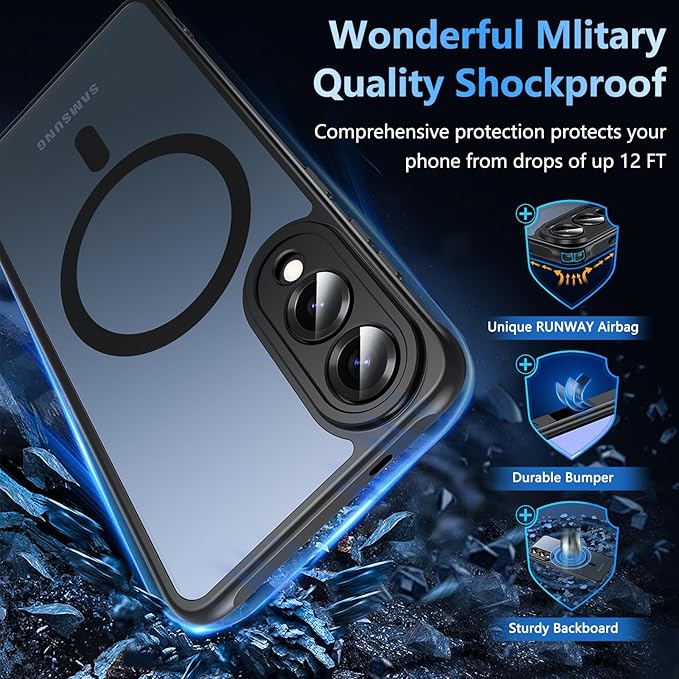 OWKEY for Samsung Galaxy S25 Edge Case 6.65'',Magnetic S25 Edge Case for Magsafe with Tempered Glass Screen, [Shockproof Military] Translucent Back Slim Bumper Cover Phone Case s25 Edge, Black